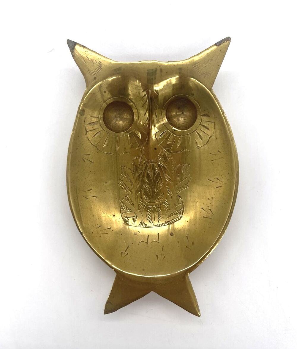 Vintage Sarna Brass India 2587 Solid Brass Etched Owl Trinket Dish Holder 4.25"